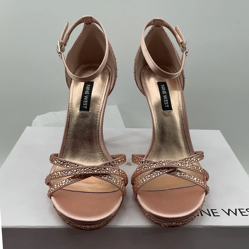 Nine West Rose Gold Satin Rhinestone Platform Ankle Strap Heels Womens 6M